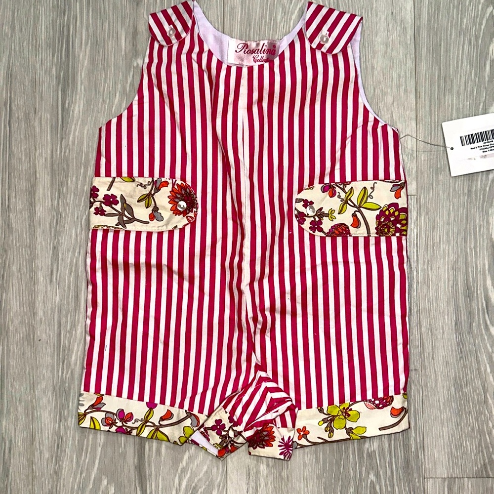 NWT striped Shortall with Floral Accent and Trim, Size 6 months